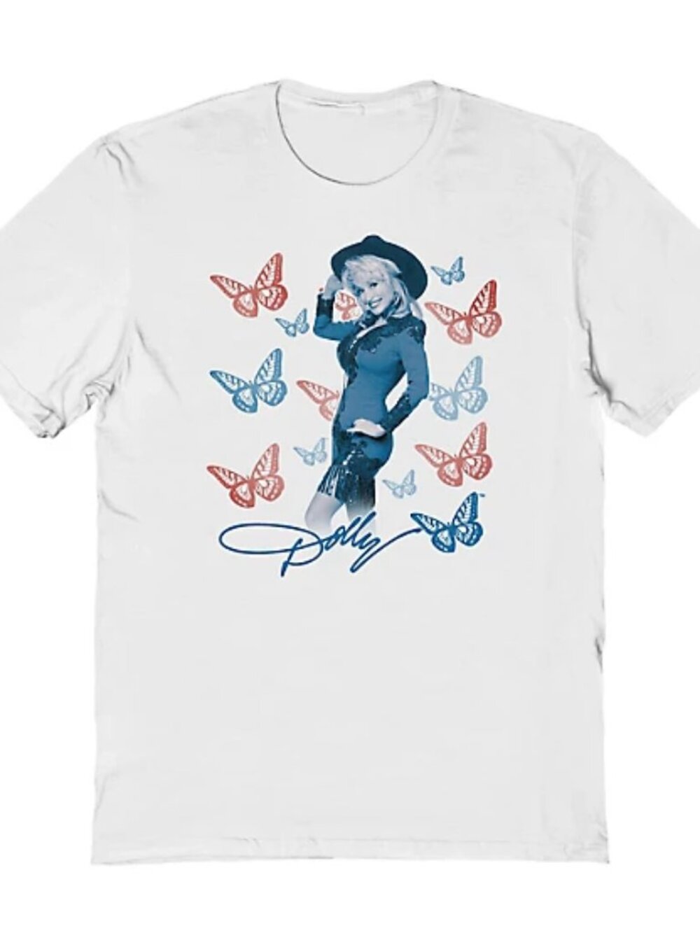 Dolly Parton Women's Blue Butterfly Short Sleeve Graphic T-Shirt